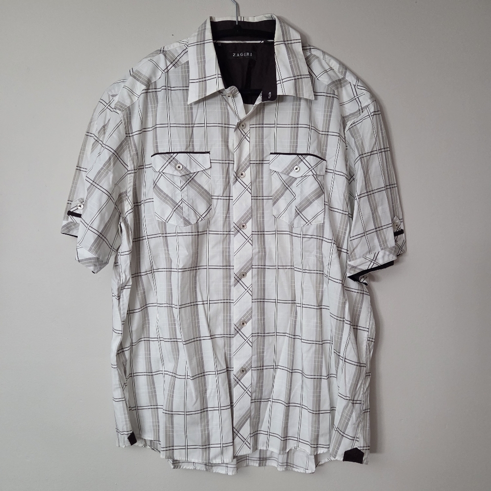 ZAGIRI 3XL Brown And White Plaid Shirt Sleeve Men's Shirt Cotton